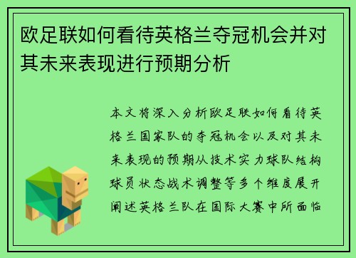 欧足联如何看待英格兰夺冠机会并对其未来表现进行预期分析 欧足联如何看待英格兰夺冠机会并对其未来表现进行预期分析